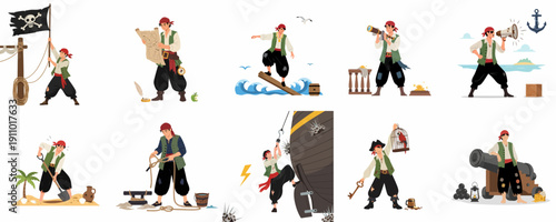 Vector set of pirate adventures including searching for treasure, sailing, walking the plank, and raising the flag, isolated on white.