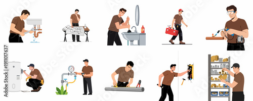 Plumber and Pipefitter at Work Vector Set: Fixing Leaks, Welding Pipes, Checking Systems, and Maintenance Services.