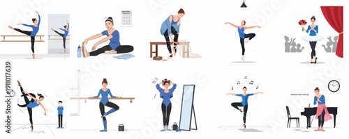 The Daily Life and Journey of a Ballerina: Preparation, Intense Practice, Stretching, Rehearsal, and Triumphant Performance Illustration Set.