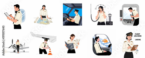 Pilots and their professional duties: A collection of aviation illustrations showing flight planning, cockpit work, maintenance checks, and communication.