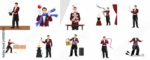 Cartoon Set of Magician Performing Magic Tricks Including Rabbit in Hat, Cardistry, Sawing Woman, Escapism, Dove, and Disappearing Act