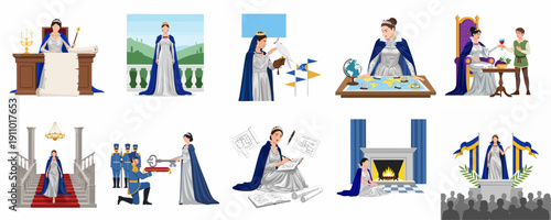 Historical illustrations set showing a queen or royal woman in various ruling, administrative, and strategic roles, isolated collection.
