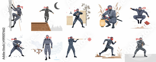 A collection of detailed vector illustrations depicting a skilled ninja warrior performing various stealth, combat, and movement actions in dynamic poses.