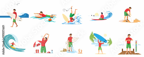 Surfing routine and lifestyle collection: Preparation, paddling, riding waves, wiping out, and post-surf care activities.