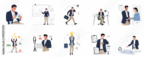 Set of flat vector illustrations depicting professional business concepts: financial growth, innovation, time management, presentations, negotiation, and corporate strategy.