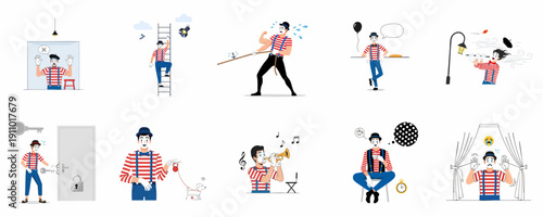 Set of Mime Artist Illustrations Performing Classic Pantomime Acts: Trapped, Climbing, Tug of War, Wind Struggle, Street Performance, and Emotional Expressions.