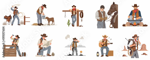 Set of cowboy activities showing daily life, from lassoing and ranch work to camping, navigating, and playing music in the Wild West.