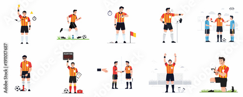 Soccer Referee Actions Illustration Set: Showing yellow card, running, injury time, whistling, foul calls, and various duties essential for managing a competitive football match.
