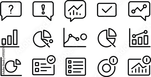 Professional data visualization icons including feedback message bubbles statistics charts and interactive list items