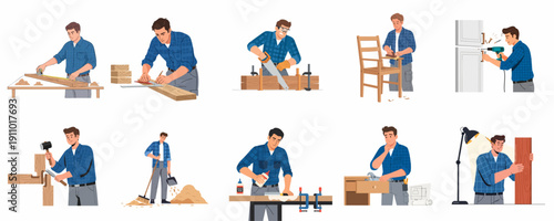 Woodworking process set: Carpenter measuring, cutting, assembling, and installing furniture and cabinets, showing craft and DIY home improvement.