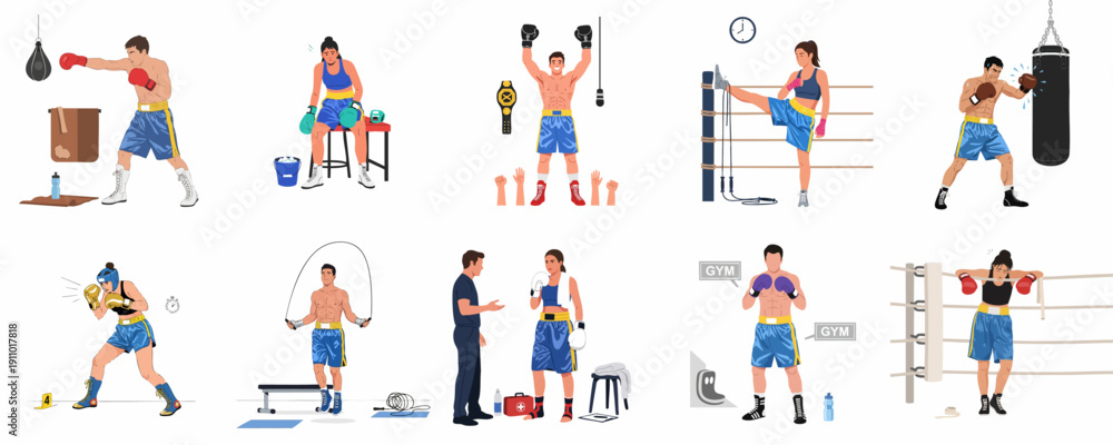 Fototapeta premium Boxing Training and Competition Vector Illustration Set. Athletes punch, jump rope, rest, spar, and celebrate championship victory in the ring or gym.