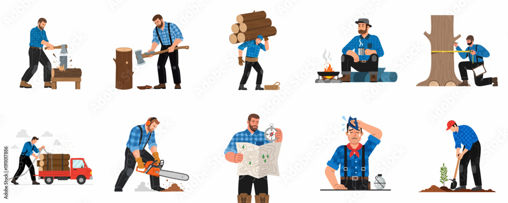 Fototapeta premium Logger and Forester Activity Set: Illustrated collection of men working in the forest, including wood chopping, sawing, measuring, mapping, resting, and planting trees.