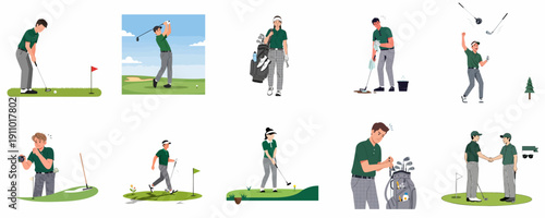 Diverse Golf Activities and Emotions Illustration Set: Swings, Putting, Gear, Celebration, Frustration, and Sportsmanship on the Course.