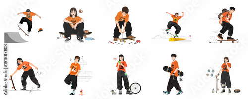Skateboarding Youth Lifestyle Vector Set: Illustrations of teenagers riding, performing tricks, repairing boards, and enjoying urban culture in street fashion.