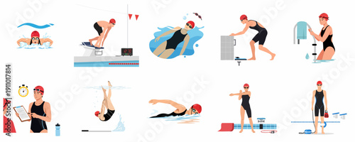 Competitive swimming vector set showing athletes training, diving, performing various strokes, stretching, and receiving coaching guidance at the pool.