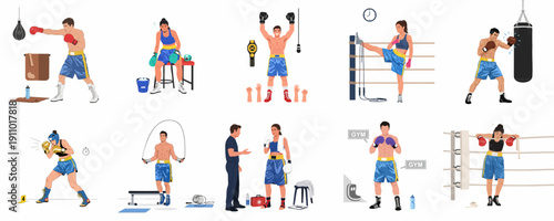 Boxing Training and Competition Vector Illustration Set. Athletes punch, jump rope, rest, spar, and celebrate championship victory in the ring or gym.