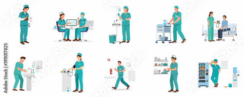 Daily life and routine activities of hospital nurses and medical staff vector illustration set, showing procedures, patient care, and teamwork.