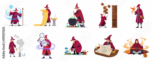 Collection of flat illustrations depicting a wizard performing various magical activities, studying alchemy, reading ancient scrolls, and practicing sorcery.