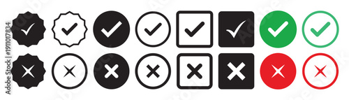 check mark and cross mark icon set. Yes, no sign. Approve and reject symbols. Green Tick and Red X Sign