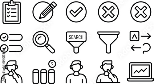 Set of vector line icons for task management pencil magnifying glass and user profile concept