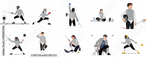 Fencing Sport Vector Illustration Set: Athletes in Action, Competition, Victory, Training, and Equipment Maintenance.