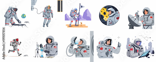 A collection of astronaut illustrations depicting various space exploration, scientific research, EVA, and planetary mission activities.