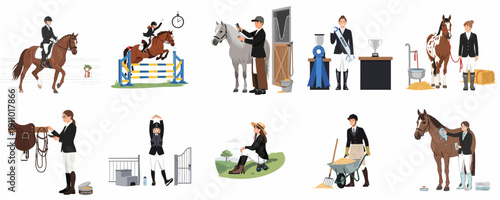 Vector illustration set of equestrian sport and horse care activities: riding competition, show jumping, dressage, grooming, stable work, and achievement awards.