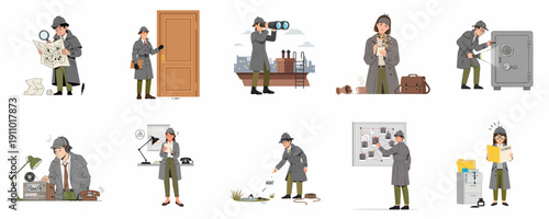 Detective work process collection: solving mysteries, finding clues, surveillance, investigation, and analysis by private investigators.