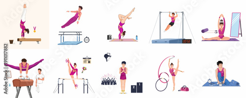Flat design illustrations depicting male and female gymnasts performing exercises, training, and competing in artistic and rhythmic disciplines.