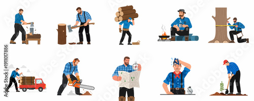 Logger and Forester Activity Set: Illustrated collection of men working in the forest, including wood chopping, sawing, measuring, mapping, resting, and planting trees.
