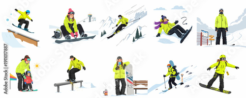 A collage of vibrant illustrations showcasing diverse winter sports actions: snowboarding tricks, alpine skiing, snow park activities, and resort lifestyle.