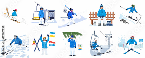 Winter Ski Resort Activities Set. Flat Illustrations of Skiers, Snowboarding, Chairlifts, Slopes, and Mountain Recreation Scenes.