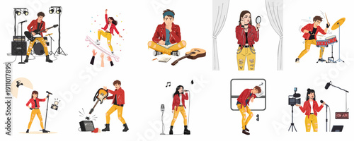 Dynamic Vector Collection of Rock Music Band Life Stages: Performing on Stage, Recording, Backstage Routine, and Creative Process.