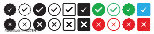 check mark and cross mark icon set. Yes, no sign. Approve and reject symbols. Green Tick and Red X Sign