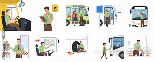 Professional Bus Driver Daily Duties and Tasks Set: Driving, Customer Service, Vehicle Maintenance, Route Planning, and Fare Collection Illustrations.