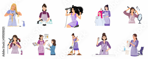 Vector illustrations of professional hairdressers performing various tasks: styling, cutting, coloring, washing, and salon maintenance.