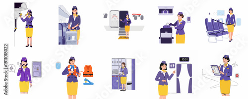 Comprehensive Vector Set of Flight Attendant Duties: Safety Procedures, In-Flight Service, and Passenger Assistance on Commercial Airlines.