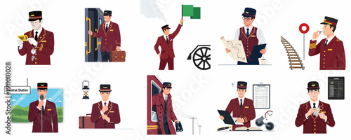 Collection of vector illustrations detailing the varied professional duties and responsibilities of a railway conductor, train officer, and attendant.
