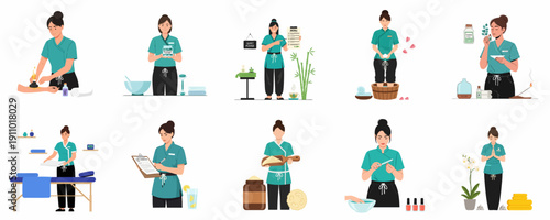 A comprehensive set of illustrations depicting spa, massage, and beauty treatments performed by a female therapist, including hot stone massage, foot bath, aromatherapy, manicure, and consultation.