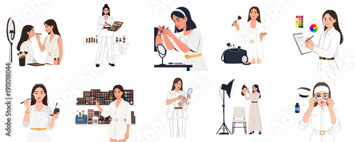 Professional Makeup Artist and Cosmetologist Illustration Collection showcasing Beauty Services, Training, Product Application, Color Theory, and Salon Work.