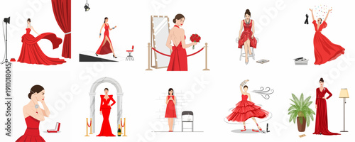 Scenes of glamorous women in red dresses: fashion shows, red carpet events, backstage preparation, and celebrity lifestyle collection in vector illustration.
