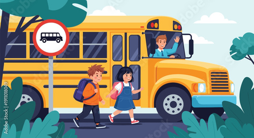 Illustration of a cheerful yellow school bus with a driver waving. Two children with backpacks walk on the sidewalk. Trees and a bus stop sign are visible.