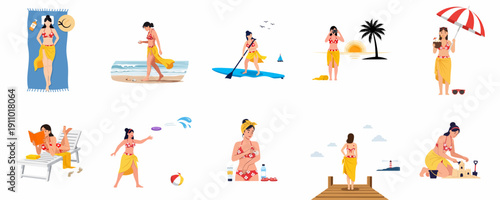 Summer Beach Vacation Activities Set with Woman Enjoying Leisure, Sports, and Relaxation.