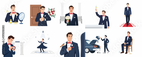 Groom wedding day moments set: preparing the suit, awaiting the bride, ceremony emotions, celebration dance, and departure for the honeymoon.