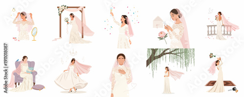 Various scenes of a beautiful bride on her wedding day, featuring preparation, celebration, reading, dancing, and emotional moments in a stylized vector graphic set.