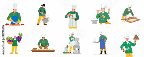 Flat vector illustration set of professional male chefs cooking, baking, mixing ingredients, rolling dough, and plating gourmet food preparation tasks.