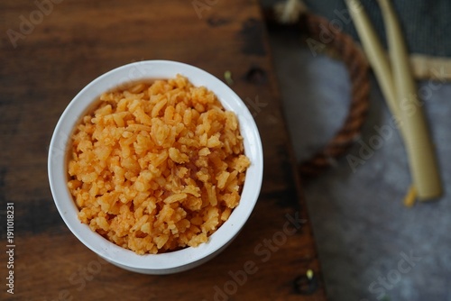 Homemade Spanish Mexican Rice served in a bowl, selective focus