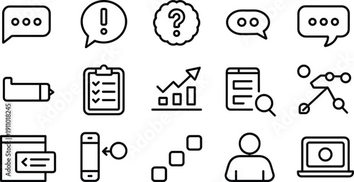 Group of simple line icons related to communication, business, data analysis, user interaction, and strategy