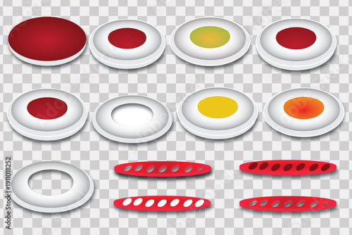 3D UI button elements set glossy circular and oval interface icons on transparent background.