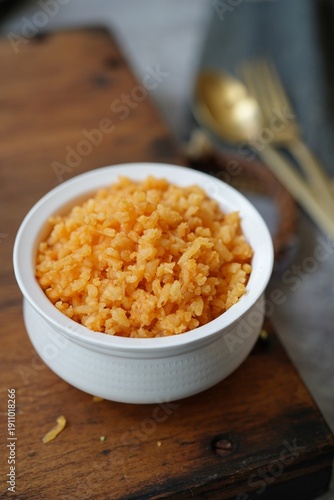 Homemade Spanish Mexican Rice served in a bowl, selective focus